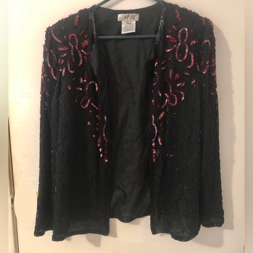 Vintage Black Beaded Open-Front Jacket with Pink Sequin Accents 80s retro glam L